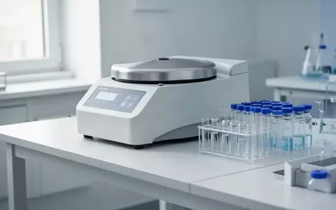 Ein steriler, moderner medizinischer Laborarbeitsplatz mit Zentrifuge und Glasgefäßen auf einer sauberen Arbeitsfläche. - Foto: über boerse-global.de