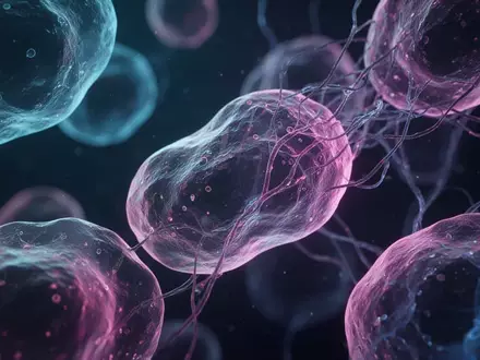Mikroskopische Aufnahme zellulärer Strukturen und Proteinfilamente in blauen und violetten Farbtönen. - Foto: über boerse-global.de