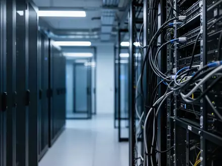 Moderne, minimalistische Serverraum-Umgebung mit dunklen Server-Racks und kühler, blauer Beleuchtung. - Foto: über boerse-global.de