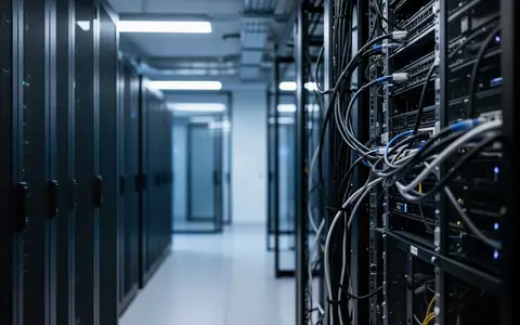 Moderne, minimalistische Serverraum-Umgebung mit dunklen Server-Racks und kühler, blauer Beleuchtung. - Foto: über boerse-global.de