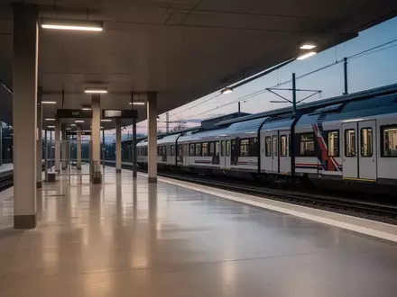Moderner, leerer Bahnsteig in einem Bahnhof bei Dämmerung mit architektonischen Linien und einem wartenden Regionalzug. - Foto: über boerse-global.de