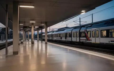 Moderner, leerer Bahnsteig in einem Bahnhof bei Dämmerung mit architektonischen Linien und einem wartenden Regionalzug. - Foto: über boerse-global.de