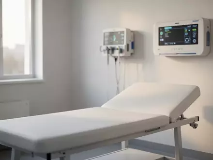 Ein klinischer Untersuchungsraum mit einer Untersuchungsliege in neutralem, natürlichem Licht. - Foto: über boerse-global.de