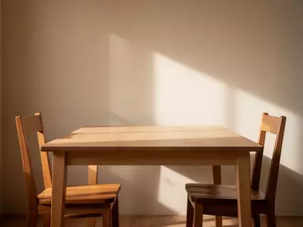 Ein minimalistisch eingerichteter Essbereich mit zwei gegenüberstehenden Stühlen an einem leeren Holztisch in hellem Tageslicht. - Foto: über boerse-global.de