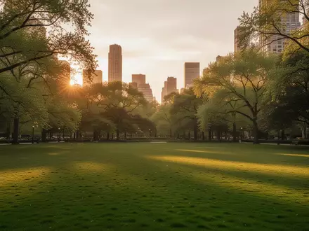 Weitläufige, grüne Parkanlage in einem urbanen Umfeld während der Abendstunden. - Foto: über boerse-global.de