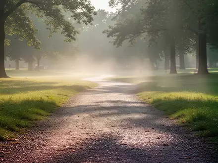 Ein sonniger, ruhiger Spazierweg in einem grünen Park bei morgendlichem Licht. - Foto: über boerse-global.de