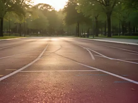Leere Laufbahn in einem Park während der goldenen Stunde, Fokus auf die Textur des Bodens, keine Personen sichtbar. - Foto: über boerse-global.de