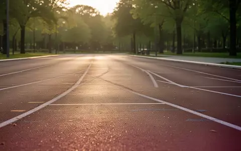 Leere Laufbahn in einem Park während der goldenen Stunde, Fokus auf die Textur des Bodens, keine Personen sichtbar. - Foto: über boerse-global.de