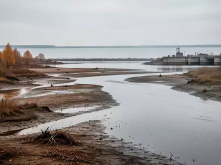Niedrigwasser an einem Flusslauf mit freiliegenden Uferzonen und einem See im Hintergrund bei bedecktem Himmel. - Foto: über boerse-global.de