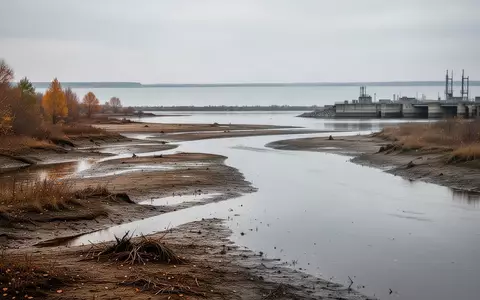 Niedrigwasser an einem Flusslauf mit freiliegenden Uferzonen und einem See im Hintergrund bei bedecktem Himmel. - Foto: über boerse-global.de