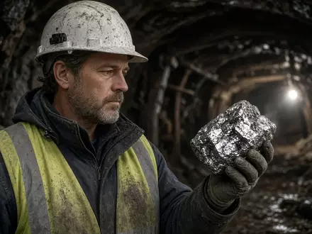 Ein Bergbauingenieur betrachtet in einem silberhaltigen Minenstollen ein StĂŒck Roherz. - Foto: ĂŒber boerse-global.de
