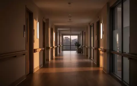Ein ruhiger, leerer Flur in einem modernen Pflegeheim mit warmem Licht und Schattenwurf. - Foto: über boerse-global.de