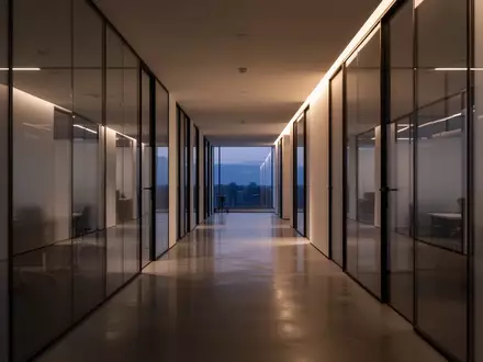 Ein minimalistischer, leerer Büroflur mit moderner Architektur und sanfter Beleuchtung. - Foto: über boerse-global.de