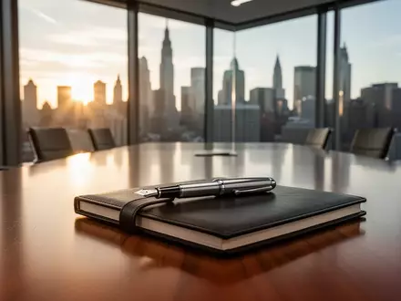 Ein moderner Konferenzraum mit Blick auf eine Skyline während der goldenen Stunde. - Foto: über boerse-global.de