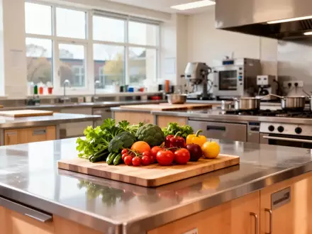 Eine helle, moderne Lehrküche mit frischem Obst und Gemüse auf einer Arbeitsfläche. - Foto: über boerse-global.de