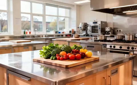 Eine helle, moderne Lehrküche mit frischem Obst und Gemüse auf einer Arbeitsfläche. - Foto: über boerse-global.de