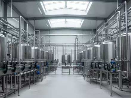 Leere Edelstahltanks und Rohrleitungssysteme in einer sterilen, modernen industriellen Abfüllanlage. - Foto: über boerse-global.de
