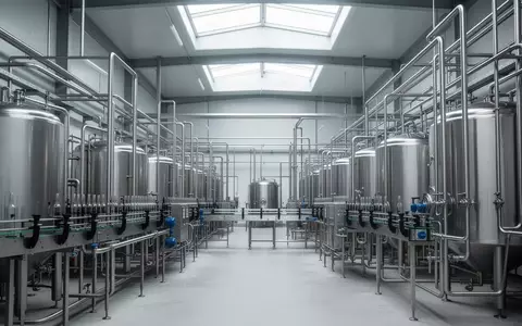 Leere Edelstahltanks und Rohrleitungssysteme in einer sterilen, modernen industriellen Abfüllanlage. - Foto: über boerse-global.de