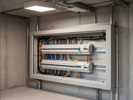Ein sauber verkabelter Sicherungskasten in einem Technikraum zur Verdeutlichung elektrischer Betriebssicherheit. - Foto: über boerse-global.de