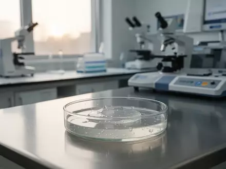Ein transparentes Hydrogel-Präparat in einer Laborschale auf einer Edelstahloberfläche in einem modernen Forschungslabor. - Foto: über boerse-global.de