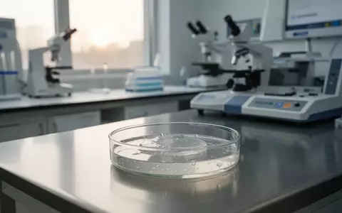 Ein transparentes Hydrogel-Präparat in einer Laborschale auf einer Edelstahloberfläche in einem modernen Forschungslabor. - Foto: über boerse-global.de