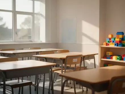 Ein heller, moderner Klassenraum mit leeren Schultischen und Sonnenlicht, das durch die Fenster fällt. - Foto: über boerse-global.de