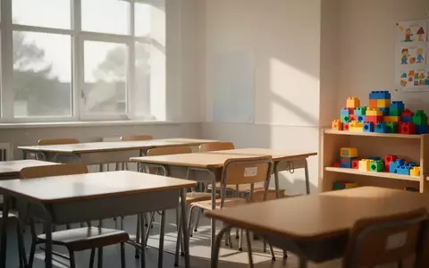 Ein heller, moderner Klassenraum mit leeren Schultischen und Sonnenlicht, das durch die Fenster fällt. - Foto: über boerse-global.de