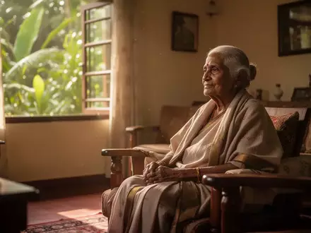 Eine ältere Person sitzt in einem sonnendurchfluteten Raum in Kerala vor einem Fenster mit Blick ins Grüne. - Foto: über boerse-global.de