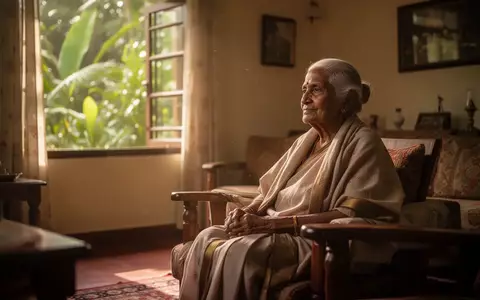 Eine ältere Person sitzt in einem sonnendurchfluteten Raum in Kerala vor einem Fenster mit Blick ins Grüne. - Foto: über boerse-global.de