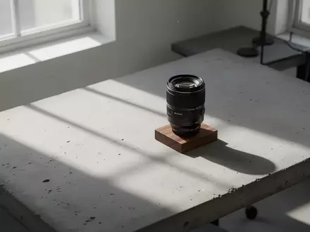 Ein minimalistischer, heller Arbeitsplatz mit einem Kameraobjektiv auf einem Holzelement, das Authentizität und Präzision symbolisiert. - Foto: über boerse-global.de