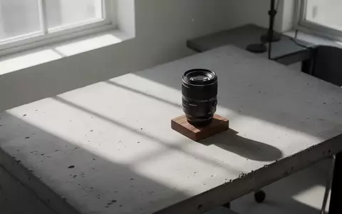 Ein minimalistischer, heller Arbeitsplatz mit einem Kameraobjektiv auf einem Holzelement, das Authentizität und Präzision symbolisiert. - Foto: über boerse-global.de