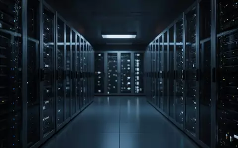 Dunkler Serverraum mit metallischen Rack-Gehäusen in kühlem blauen Licht. - Foto: über boerse-global.de