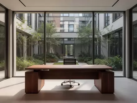 Ein minimalistischer, heller Arbeitsbereich mit einem leeren Schreibtisch aus dunklem Eichenholz vor einem großen Fenster. - Foto: über boerse-global.de