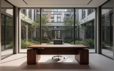 Ein minimalistischer, heller Arbeitsbereich mit einem leeren Schreibtisch aus dunklem Eichenholz vor einem großen Fenster. - Foto: über boerse-global.de