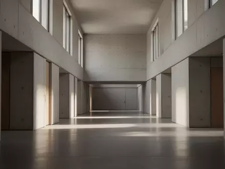 Ein minimalistischer, leerer Flur in einem modernen öffentlichen Gebäude mit hellem Lichteinfall. - Foto: über boerse-global.de