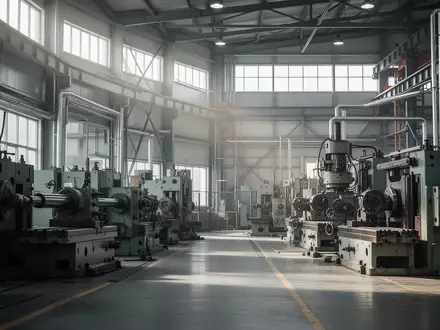 Industrielle Werkhalle mit schweren Maschinen und Metallkonstruktionen bei natürlichem Lichteinfall. - Foto: über boerse-global.de
