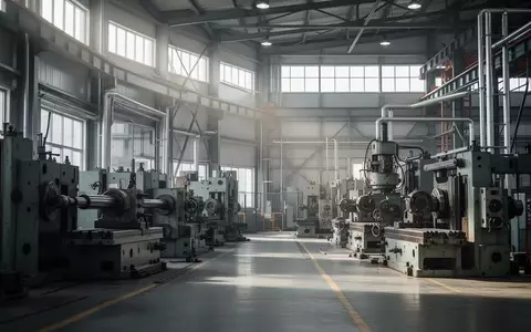 Industrielle Werkhalle mit schweren Maschinen und Metallkonstruktionen bei natürlichem Lichteinfall. - Foto: über boerse-global.de