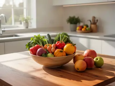 Eine Schale mit frischem Gemüse und Obst auf einem Holztisch in einer hellen, modernen Küche. - Foto: über boerse-global.de