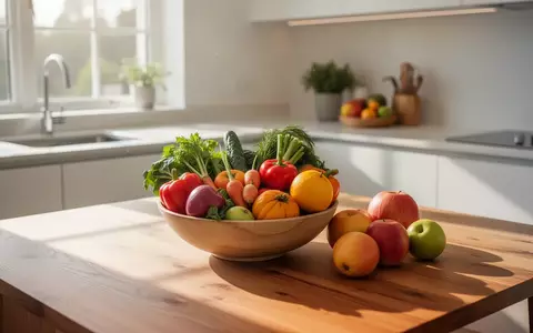 Eine Schale mit frischem Gemüse und Obst auf einem Holztisch in einer hellen, modernen Küche. - Foto: über boerse-global.de
