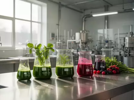 Helle, moderne Industrieküche mit Glasbechern voller bunter Gemüse- und Beerenextrakte bei natürlichem Tageslicht. - Foto: über boerse-global.de