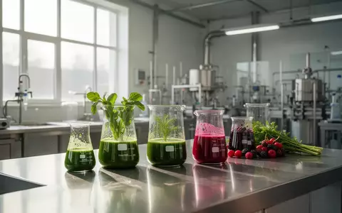 Helle, moderne Industrieküche mit Glasbechern voller bunter Gemüse- und Beerenextrakte bei natürlichem Tageslicht. - Foto: über boerse-global.de