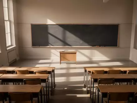 Ein leerer, minimalistischer Hörsaal mit hölzernen Tischen und einer großen, leeren Schiefertafel bei natürlichem Lichteinfall. - Foto: über boerse-global.de