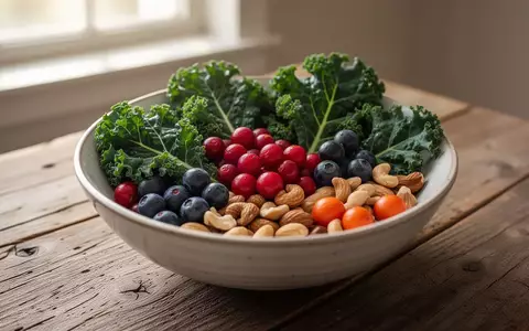Eine Schale mit frischem Gemüse, Beeren und Nüssen auf einem Holztisch als Symbol für gesunde Ernährung und Prävention. - Foto: über boerse-global.de