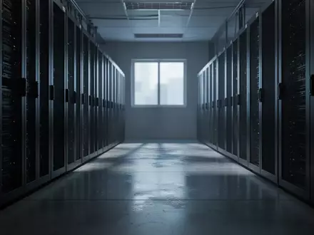 Ein dunkler, menschenleerer Serverraum mit unbeleuchteten Serverschränken in einer kühlen, industriellen Umgebung. - Foto: über boerse-global.de