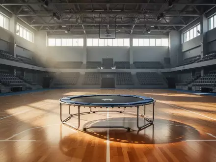 Ein leeres Trampolin steht in der Mitte einer großen, modernen Sporthalle mit hellen Holzböden und hohen Decken. - Foto: über boerse-global.de