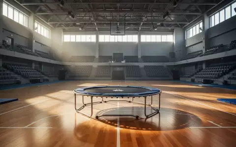 Ein leeres Trampolin steht in der Mitte einer großen, modernen Sporthalle mit hellen Holzböden und hohen Decken. - Foto: über boerse-global.de