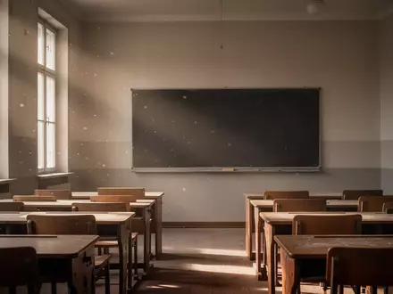 Ein leerer Klassenraum mit unbeschriebener Tafel und leeren Schultischen in einem hellen Schulgebäude. - Foto: über boerse-global.de