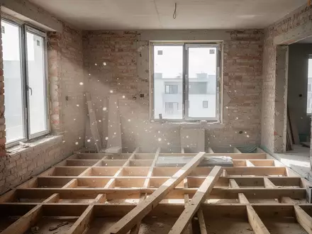 Rohbau eines Wohnraums während der Renovierungsphase mit freiliegendem Mauerwerk und natürlichem Lichteinfall. - Foto: über boerse-global.de