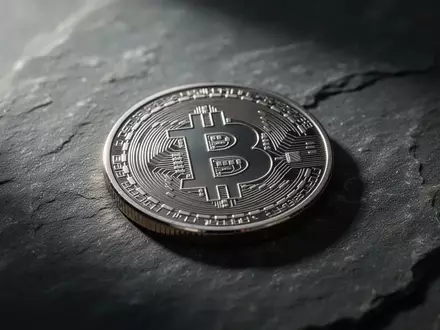Eine einzelne Bitcoin-Münze auf einer kühlen, grauen Steinoberfläche bei dramatischem Seitenlicht. - Foto: über boerse-global.de