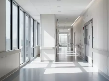 Ein heller, moderner Krankenhausflur mit klaren architektonischen Linien und natürlichem Lichteinfall. - Foto: über boerse-global.de